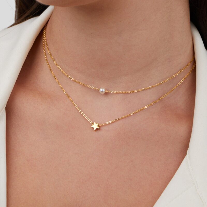 Alternative view of Layered Gold Star & Pearl Necklace